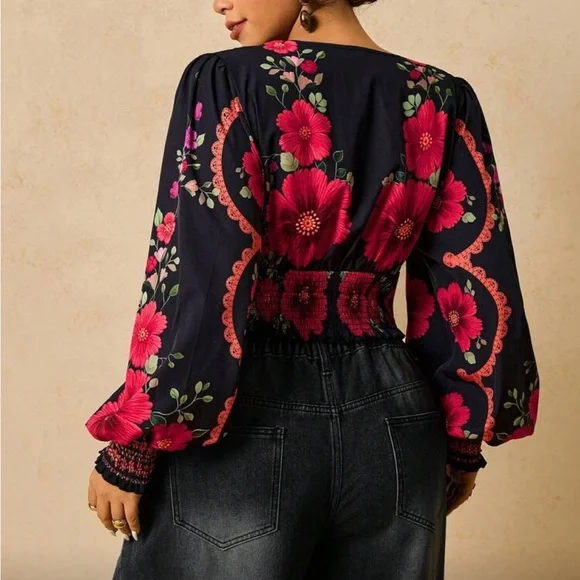 Plus Size Romantic Bohemian Floral Print Long Sleeve Tie Front Blouse Shirt - Picture 2 of 14